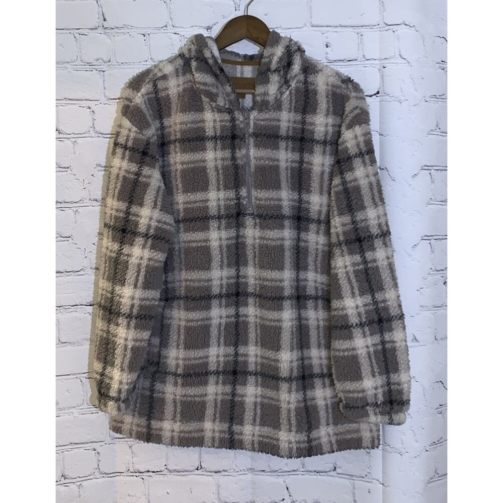 Koolaburra by UGG Hoodie Brushed Back Faux Sherpa Beige Plaid Pullover A544816